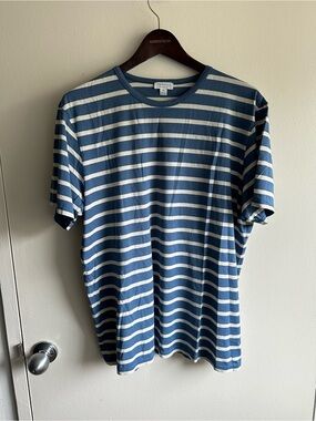 Sunspel Blue and White Striped Short Sleeve Crew Tee US XL